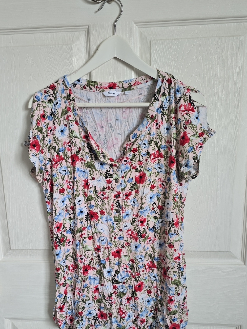 Thyme Maternity Floral V-Neck Short Sleeve Top - Pink/Red/Blue - NURSING FRIENDL